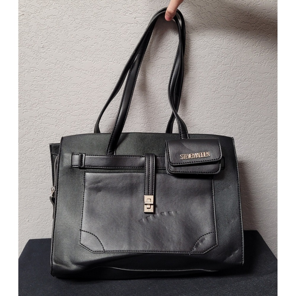 Steve Madden Bcrate Tote Bag Black Faux Leather Expandable Side Zippers Handbag
